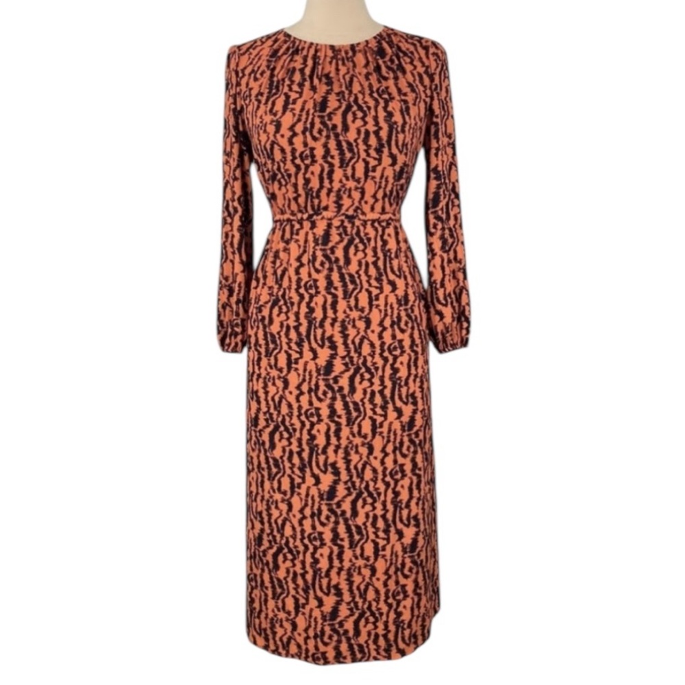 Elizabeth and James Midnight Blue and Orange Cinch Waist Long Sleeve Midi Dress